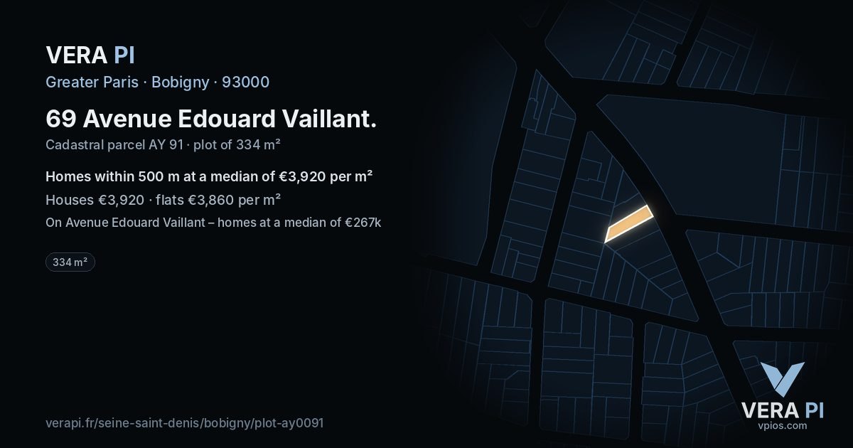 69 Avenue Edouard Vaillant, Bobigny at night – the plot lit, the parcels around coloured by the prices near them