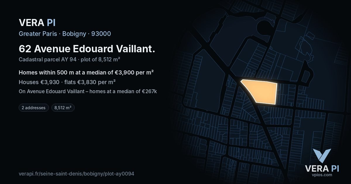 62 Avenue Edouard Vaillant, Bobigny at night – the plot lit, the parcels around coloured by the prices near them