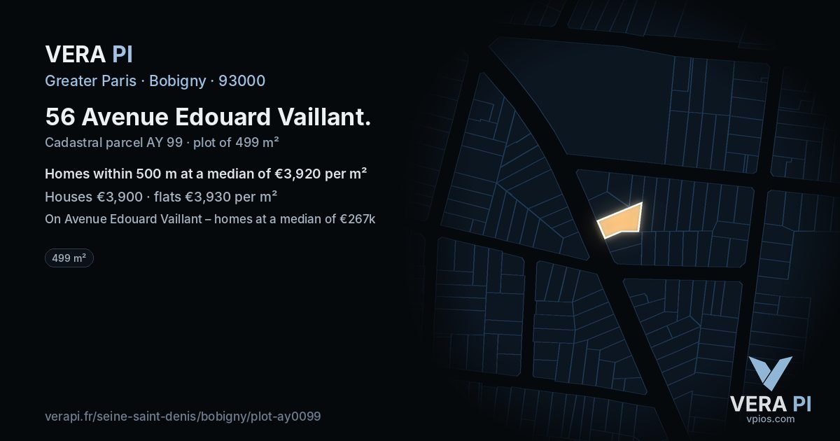 56 Avenue Edouard Vaillant, Bobigny at night – the plot lit, the parcels around coloured by the prices near them