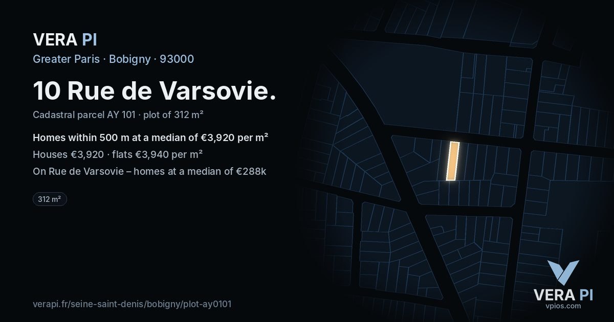 10 Rue de Varsovie, Bobigny at night – the plot lit, the parcels around coloured by the prices near them