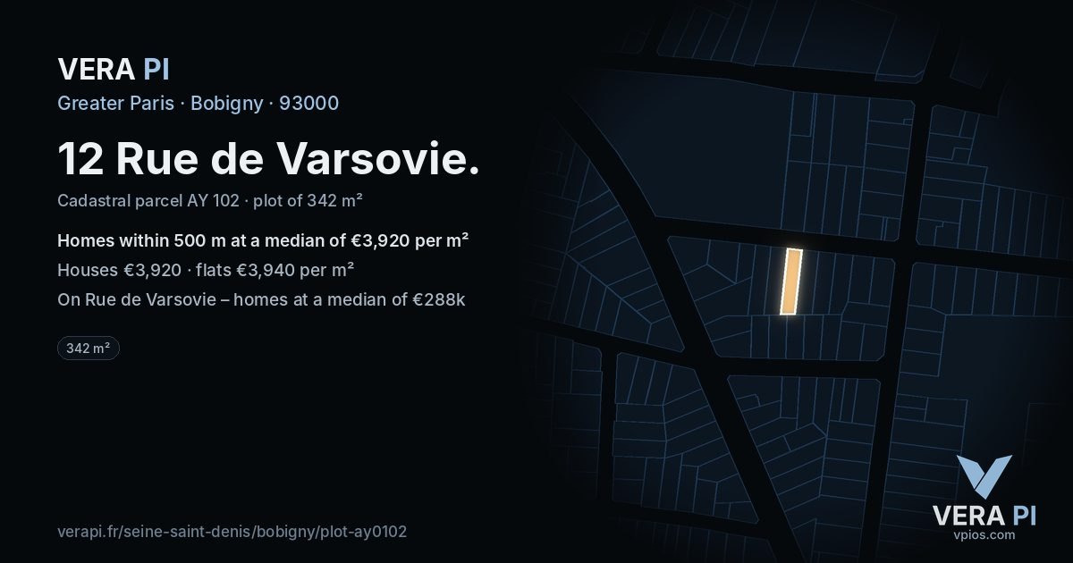 12 Rue de Varsovie, Bobigny at night – the plot lit, the parcels around coloured by the prices near them