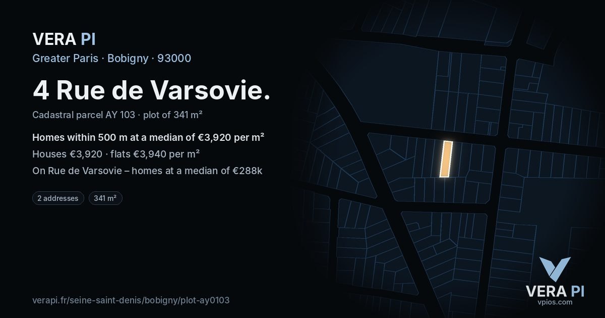 4 Rue de Varsovie, Bobigny at night – the plot lit, the parcels around coloured by the prices near them