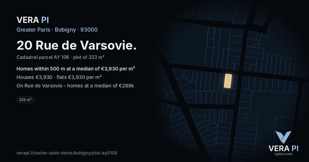20 Rue de Varsovie, Bobigny at night – the plot lit, the parcels around coloured by the prices near them