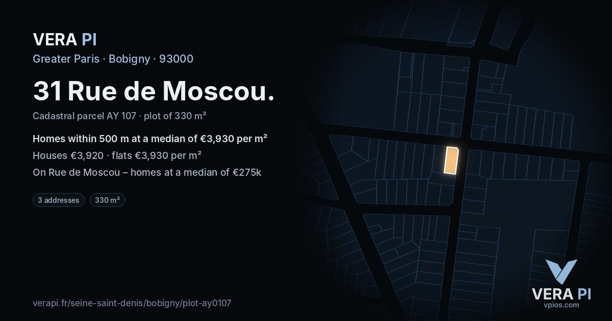 31 Rue de Moscou, Bobigny at night – the plot lit, the parcels around coloured by the prices near them