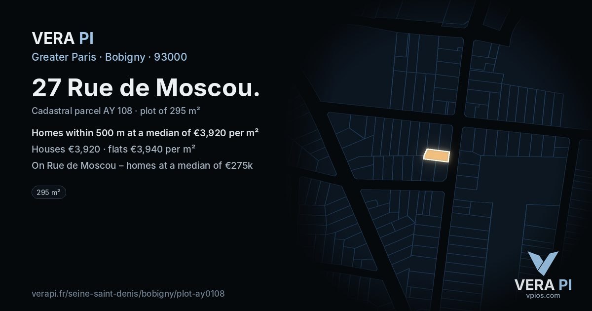 27 Rue de Moscou, Bobigny at night – the plot lit, the parcels around coloured by the prices near them