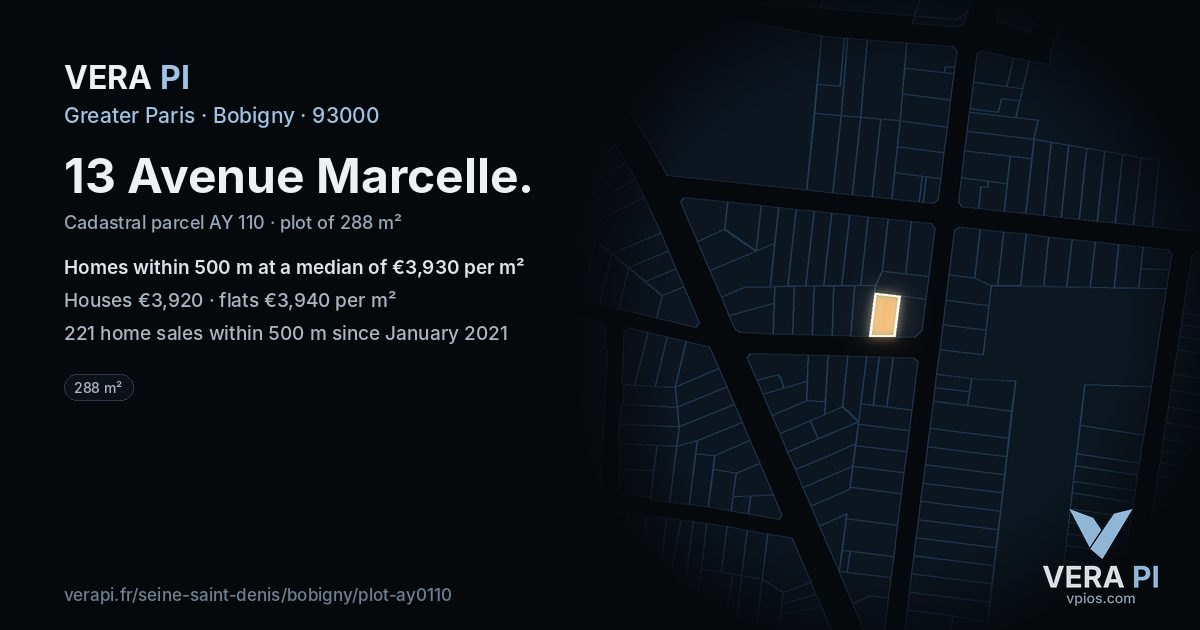 13 Avenue Marcelle, Bobigny at night – the plot lit, the parcels around coloured by the prices near them