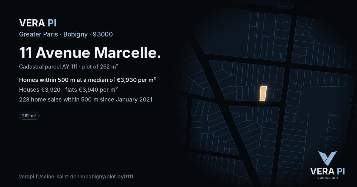 11 Avenue Marcelle, Bobigny at night – the plot lit, the parcels around coloured by the prices near them