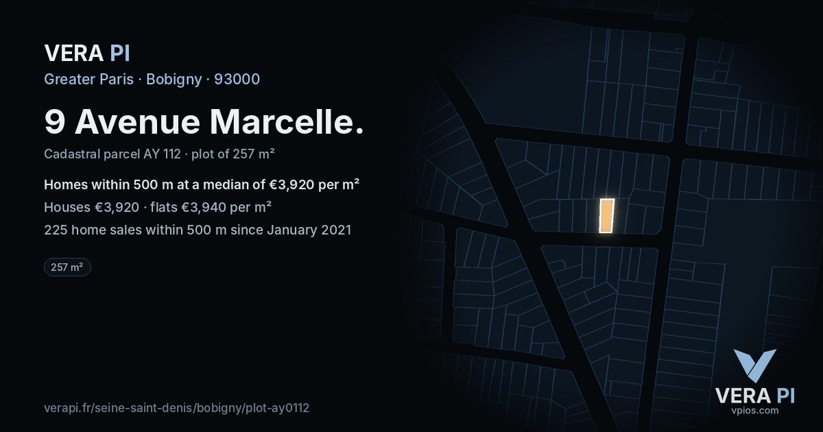 9 Avenue Marcelle, Bobigny at night – the plot lit, the parcels around coloured by the prices near them