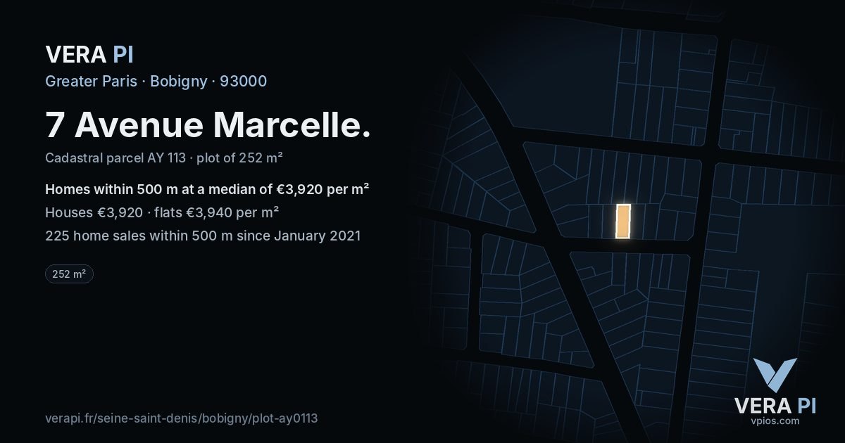 7 Avenue Marcelle, Bobigny at night – the plot lit, the parcels around coloured by the prices near them