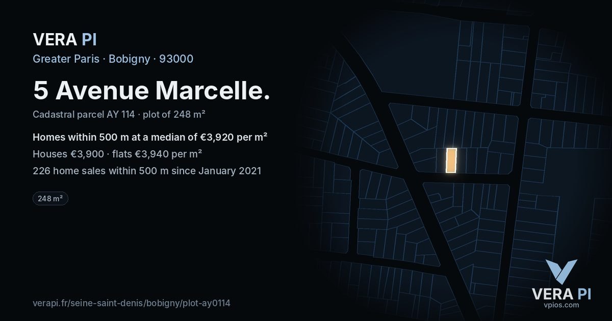 5 Avenue Marcelle, Bobigny at night – the plot lit, the parcels around coloured by the prices near them