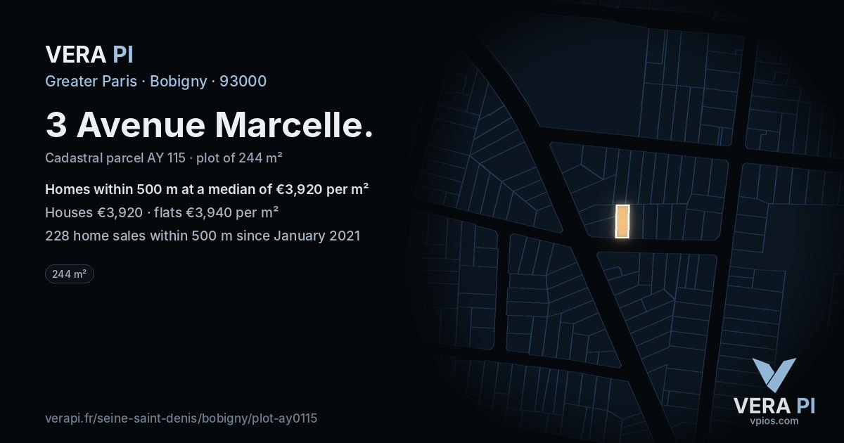 3 Avenue Marcelle, Bobigny at night – the plot lit, the parcels around coloured by the prices near them