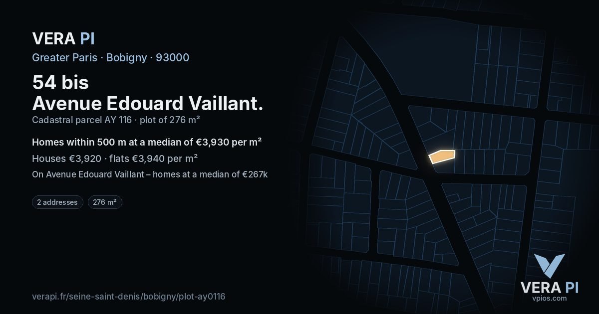 54 bis Avenue Edouard Vaillant, Bobigny at night – the plot lit, the parcels around coloured by the prices near them
