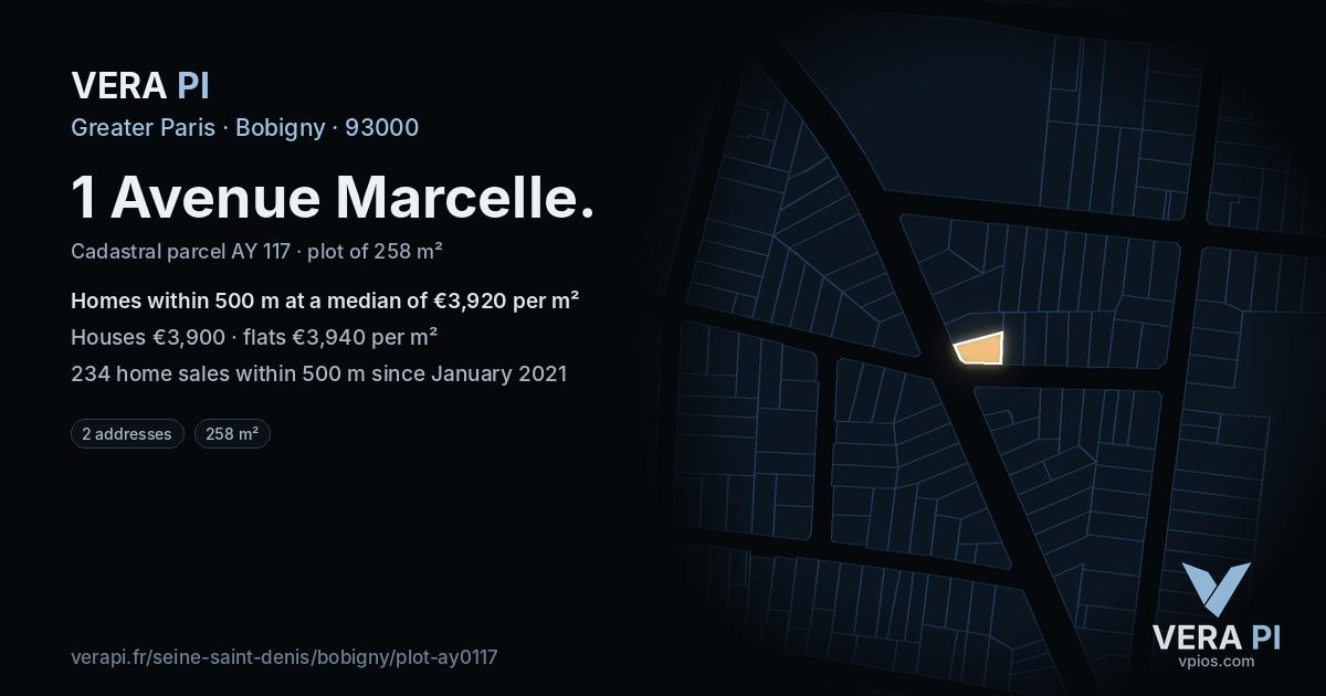 1 Avenue Marcelle, Bobigny at night – the plot lit, the parcels around coloured by the prices near them