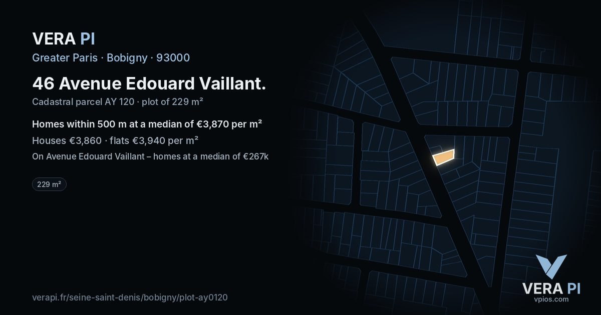 46 Avenue Edouard Vaillant, Bobigny at night – the plot lit, the parcels around coloured by the prices near them
