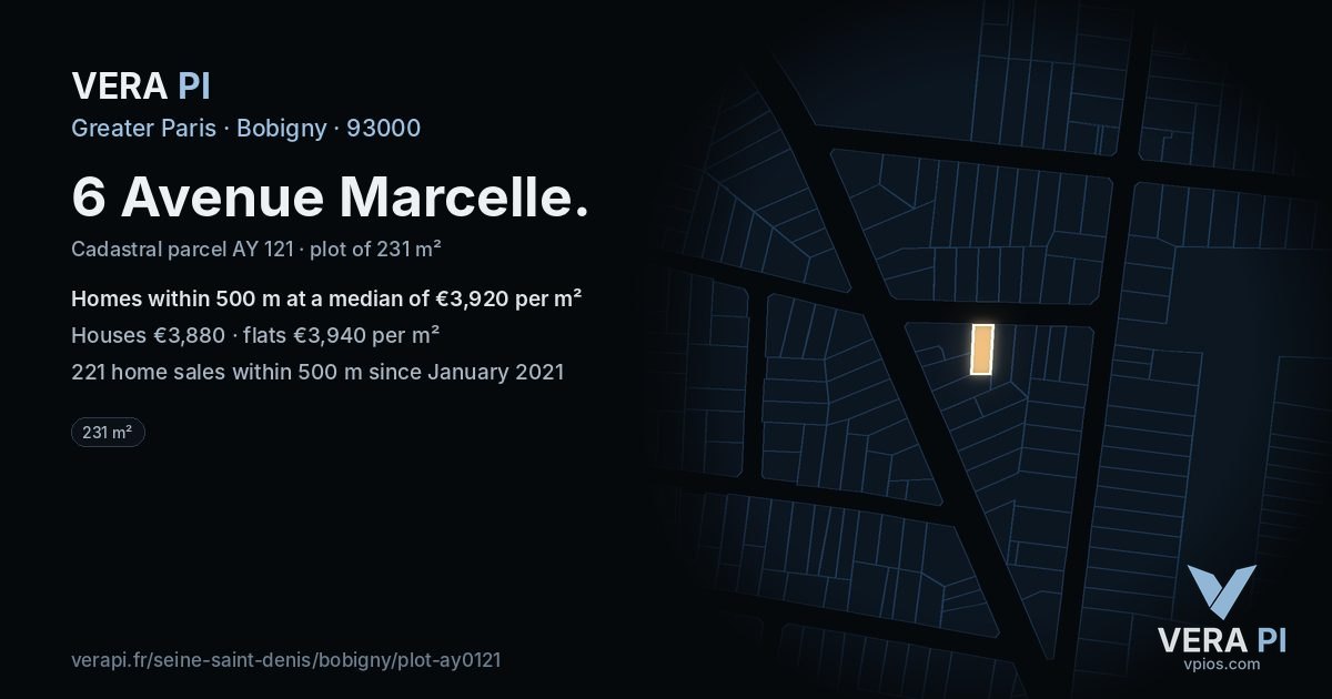 6 Avenue Marcelle, Bobigny at night – the plot lit, the parcels around coloured by the prices near them