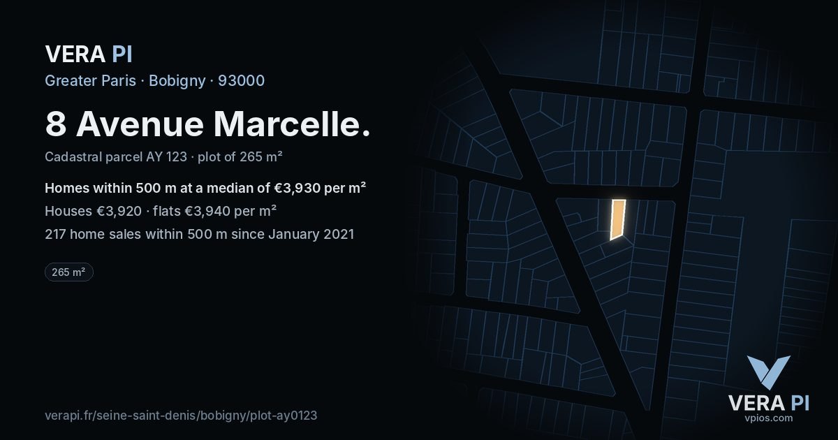 8 Avenue Marcelle, Bobigny at night – the plot lit, the parcels around coloured by the prices near them