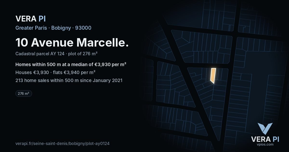 10 Avenue Marcelle, Bobigny at night – the plot lit, the parcels around coloured by the prices near them