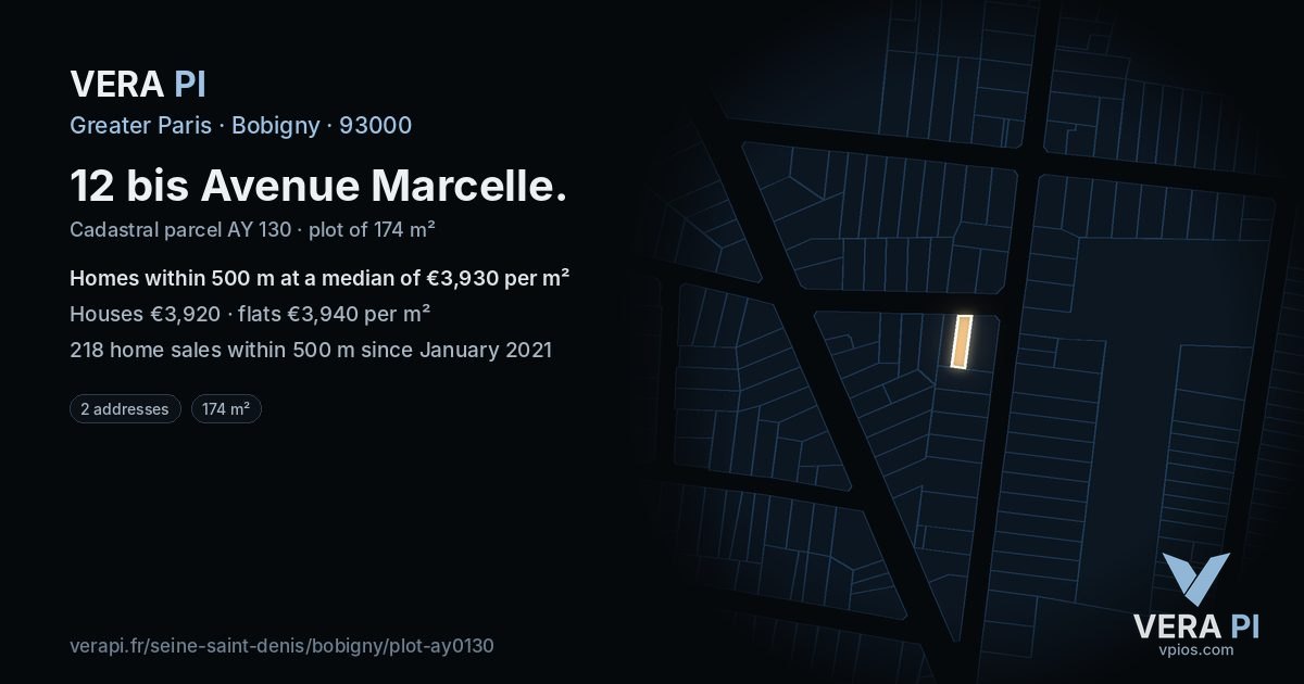 12 bis Avenue Marcelle, Bobigny at night – the plot lit, the parcels around coloured by the prices near them