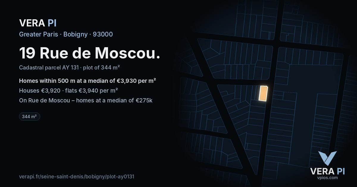 19 Rue de Moscou, Bobigny at night – the plot lit, the parcels around coloured by the prices near them