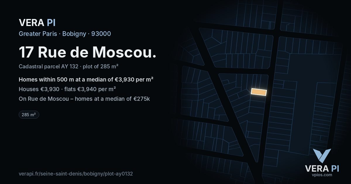17 Rue de Moscou, Bobigny at night – the plot lit, the parcels around coloured by the prices near them