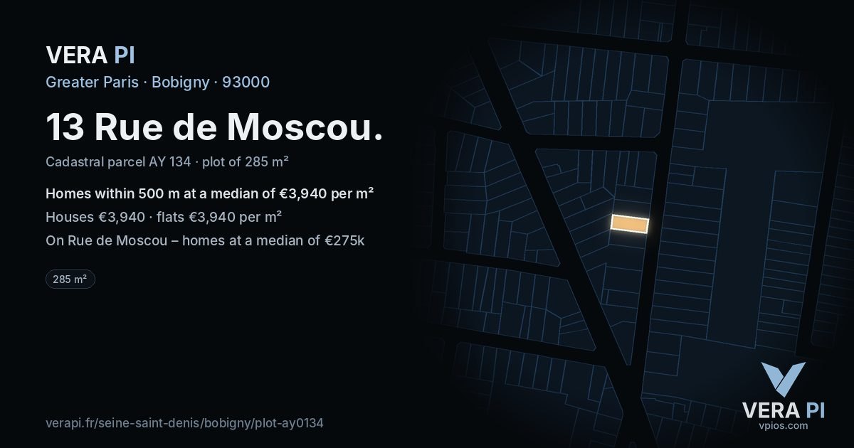 13 Rue de Moscou, Bobigny at night – the plot lit, the parcels around coloured by the prices near them