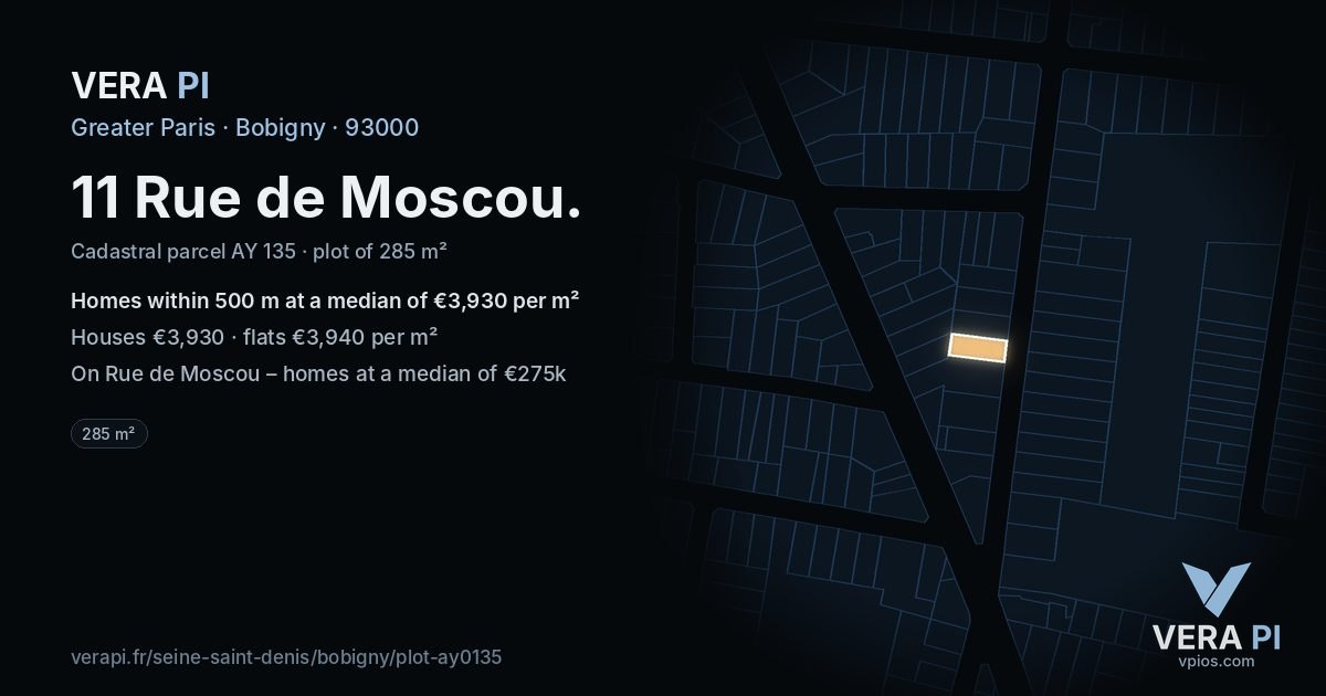 11 Rue de Moscou, Bobigny at night – the plot lit, the parcels around coloured by the prices near them