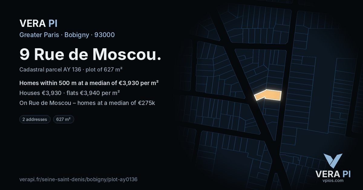 9 Rue de Moscou, Bobigny at night – the plot lit, the parcels around coloured by the prices near them