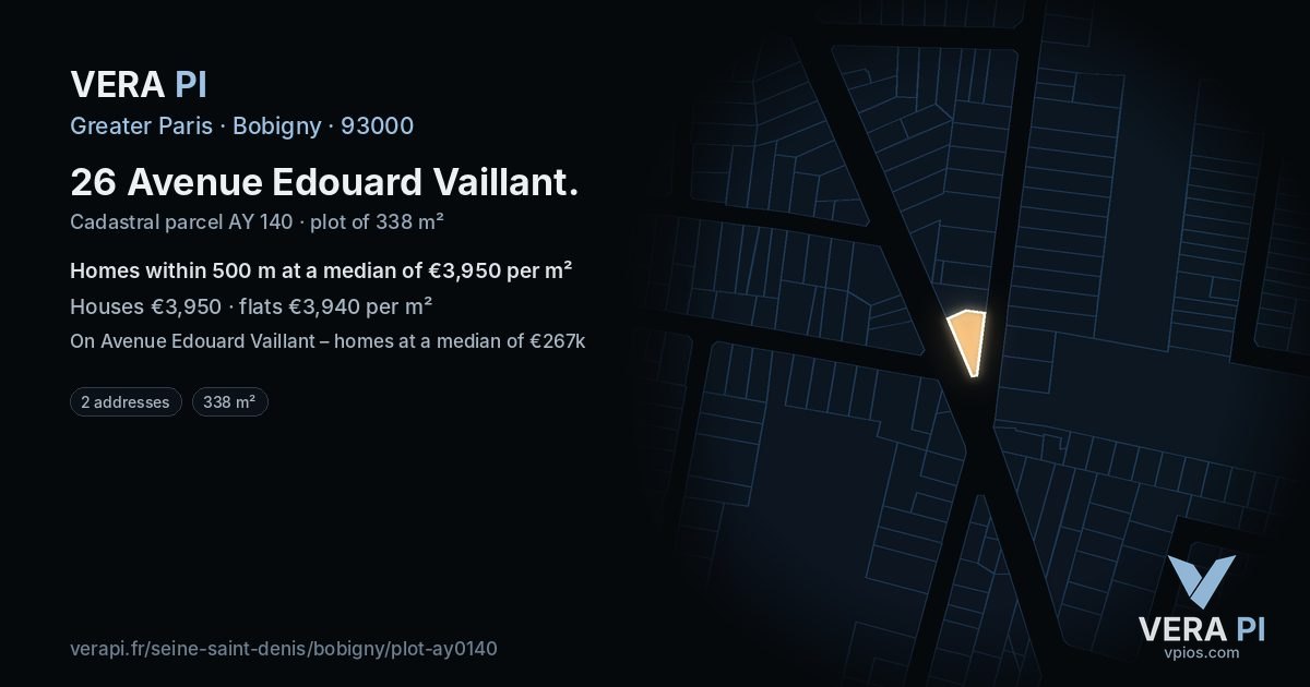 26 Avenue Edouard Vaillant, Bobigny at night – the plot lit, the parcels around coloured by the prices near them