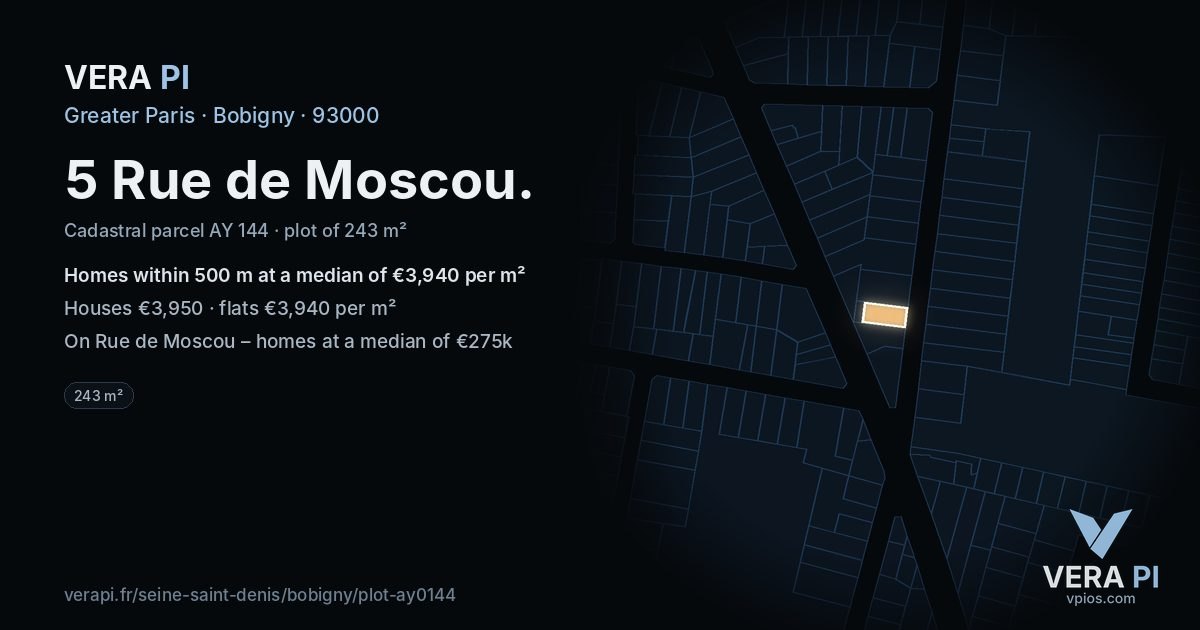 5 Rue de Moscou, Bobigny at night – the plot lit, the parcels around coloured by the prices near them