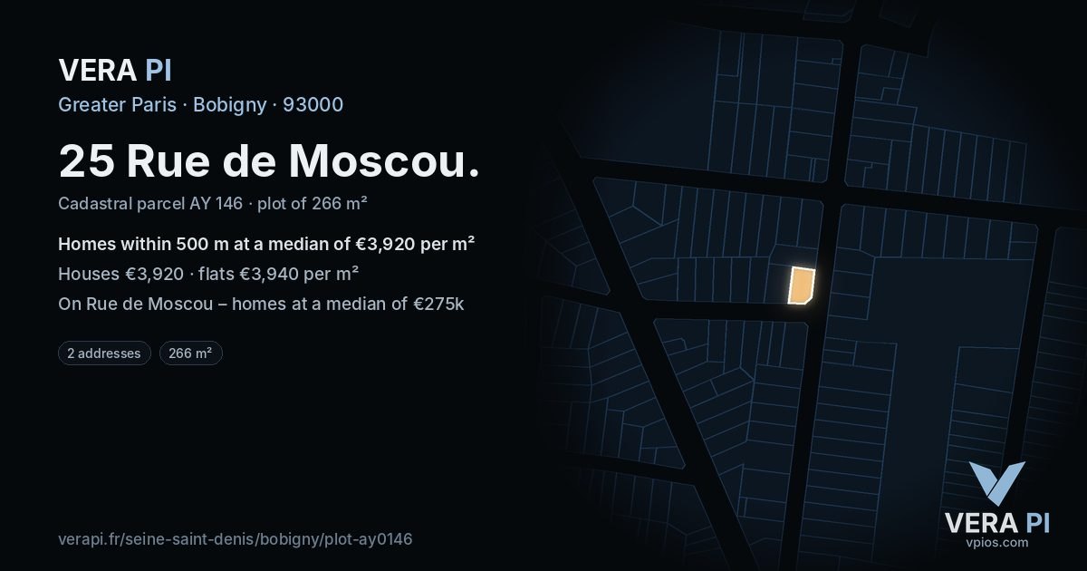 25 Rue de Moscou, Bobigny at night – the plot lit, the parcels around coloured by the prices near them