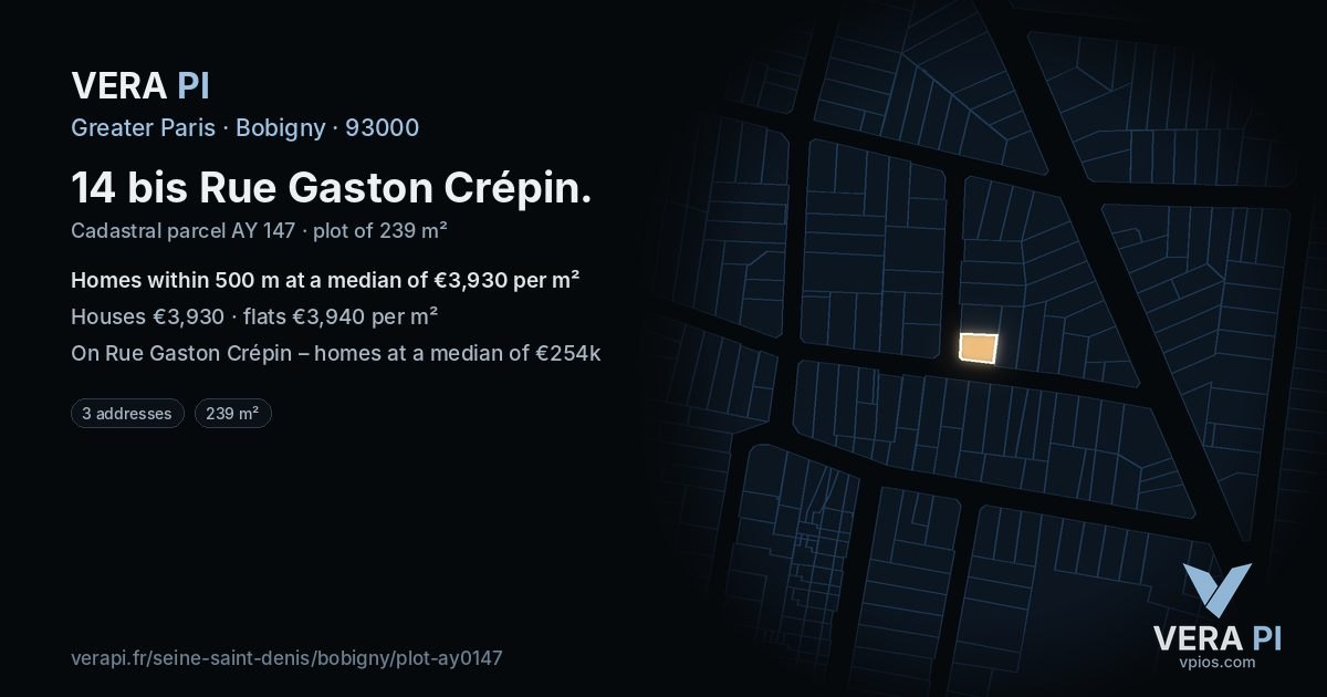 14 bis Rue Gaston Crépin, Bobigny at night – the plot lit, the parcels around coloured by the prices near them