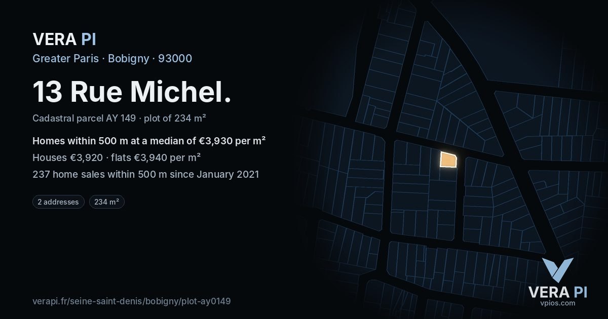 13 Rue Michel, Bobigny at night – the plot lit, the parcels around coloured by the prices near them