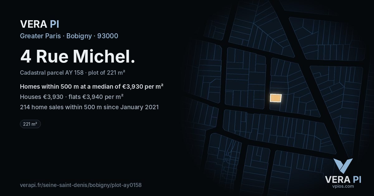 4 Rue Michel, Bobigny at night – the plot lit, the parcels around coloured by the prices near them