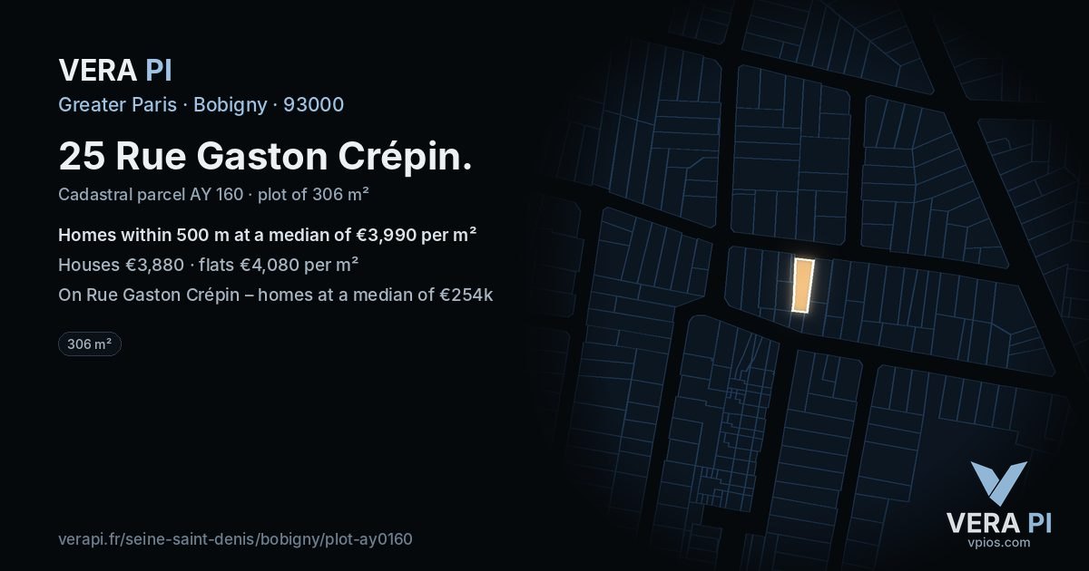 25 Rue Gaston Crépin, Bobigny at night – the plot lit, the parcels around coloured by the prices near them