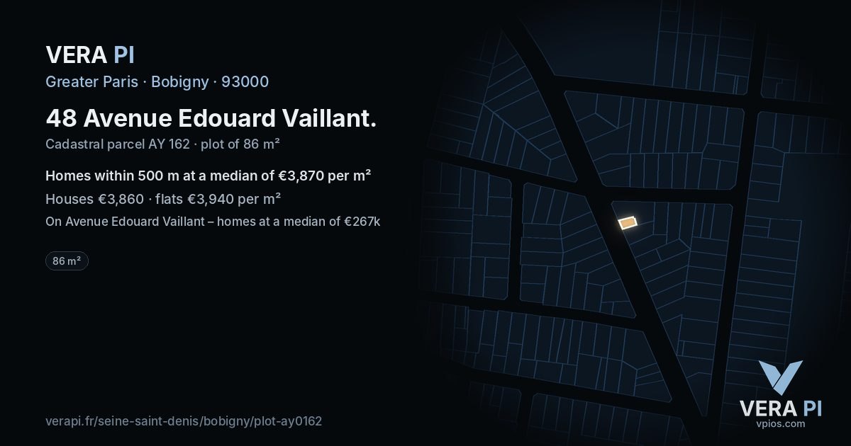 48 Avenue Edouard Vaillant, Bobigny at night – the plot lit, the parcels around coloured by the prices near them