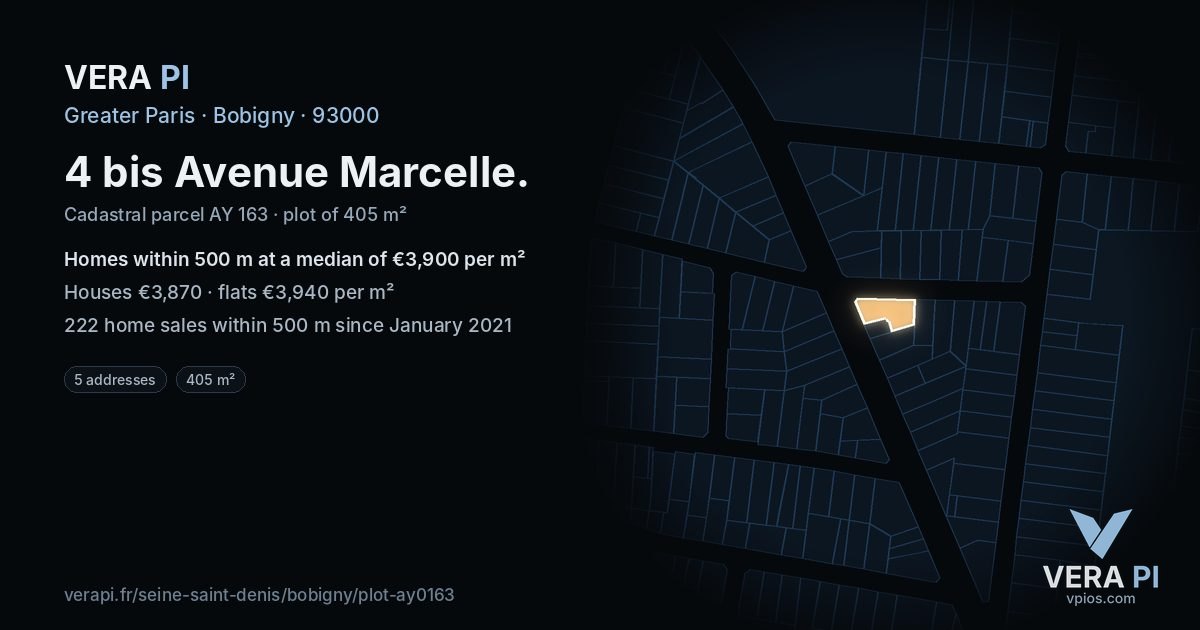 4 bis Avenue Marcelle, Bobigny at night – the plot lit, the parcels around coloured by the prices near them