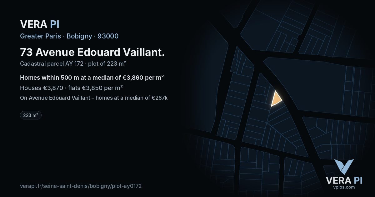 73 Avenue Edouard Vaillant, Bobigny at night – the plot lit, the parcels around coloured by the prices near them