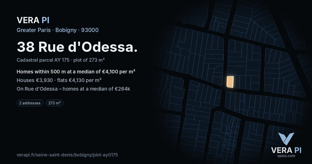38 Rue d'Odessa, Bobigny at night – the plot lit, the parcels around coloured by the prices near them