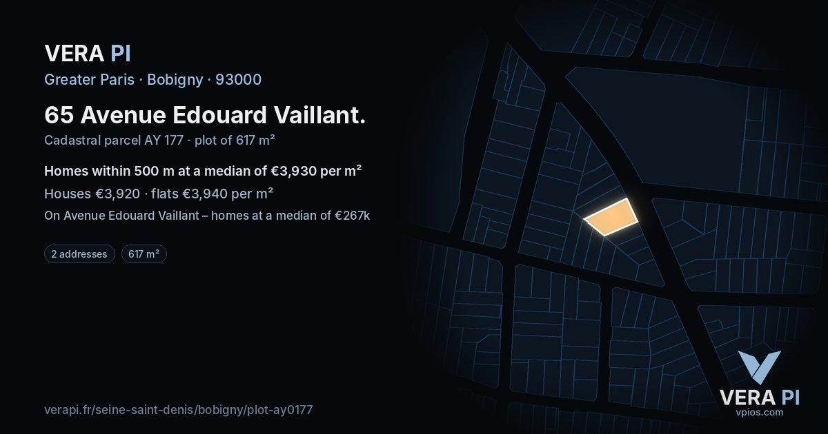 65 Avenue Edouard Vaillant, Bobigny at night – the plot lit, the parcels around coloured by the prices near them