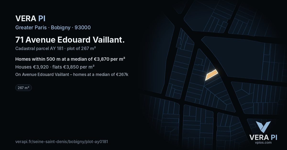 71 Avenue Edouard Vaillant, Bobigny at night – the plot lit, the parcels around coloured by the prices near them