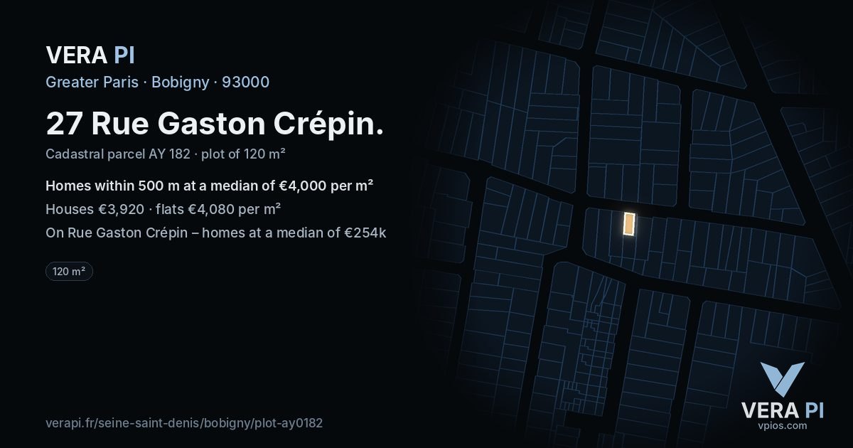 27 Rue Gaston Crépin, Bobigny at night – the plot lit, the parcels around coloured by the prices near them
