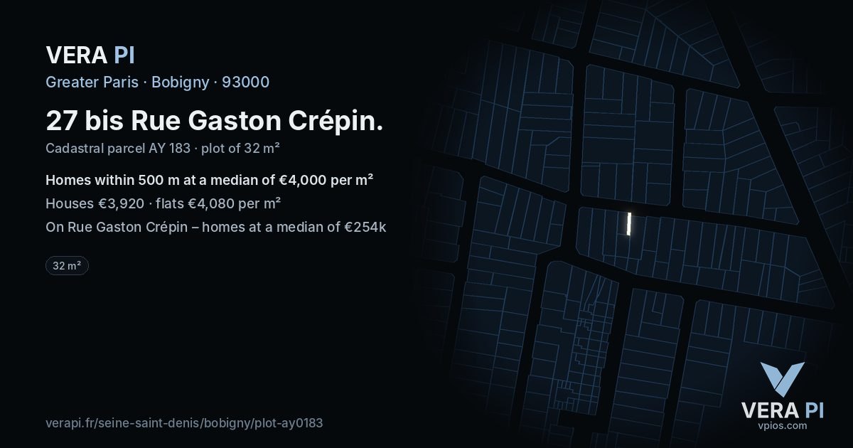 27 bis Rue Gaston Crépin, Bobigny at night – the plot lit, the parcels around coloured by the prices near them