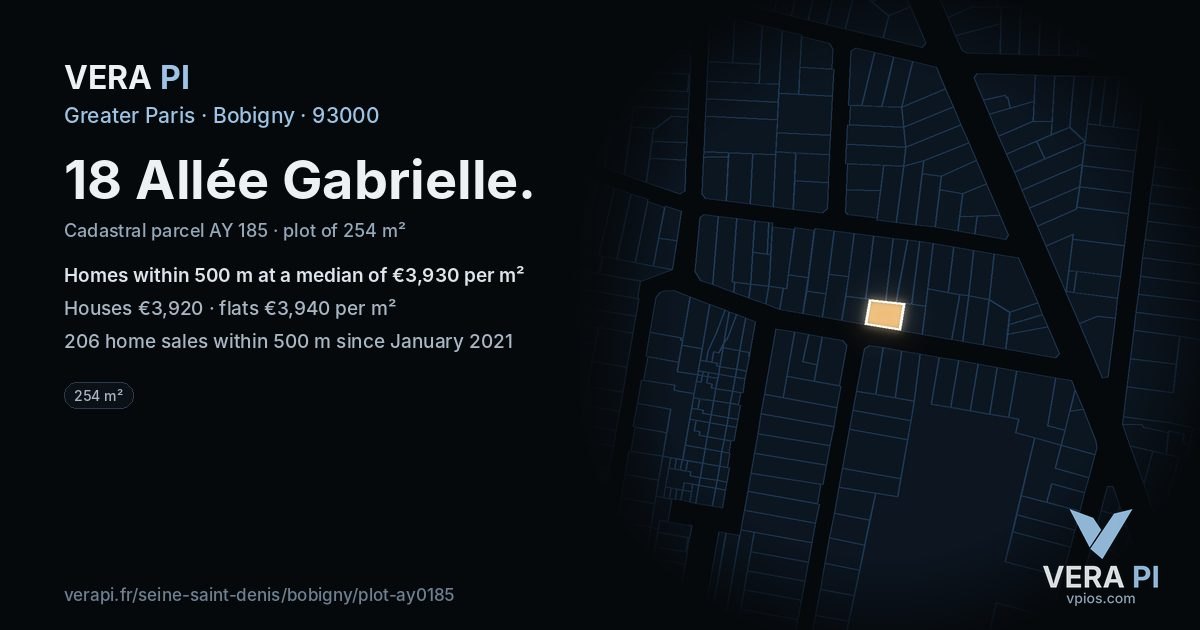 18 Allée Gabrielle, Bobigny at night – the plot lit, the parcels around coloured by the prices near them