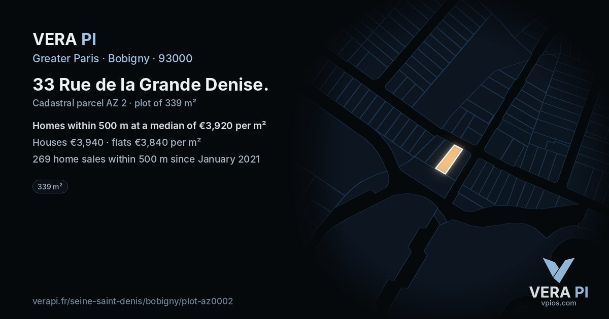 33 Rue de la Grande Denise, Bobigny at night – the plot lit, the parcels around coloured by the prices near them