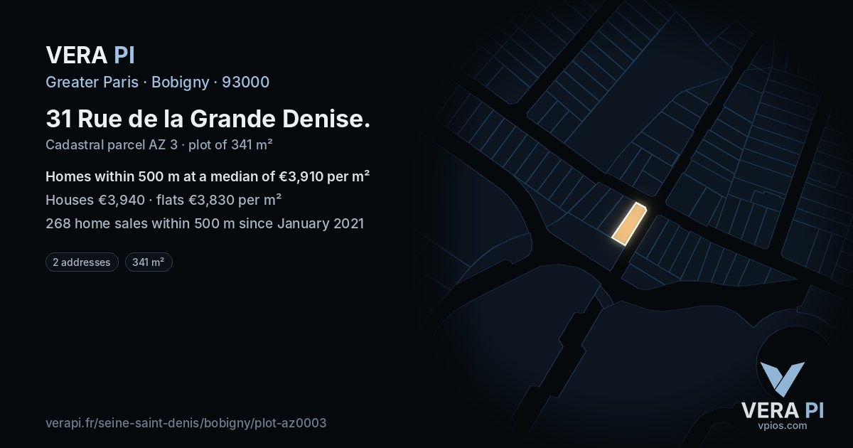 31 Rue de la Grande Denise, Bobigny at night – the plot lit, the parcels around coloured by the prices near them