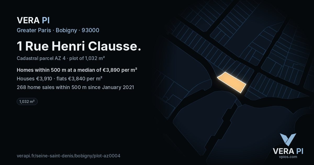 1 Rue Henri Clausse, Bobigny at night – the plot lit, the parcels around coloured by the prices near them