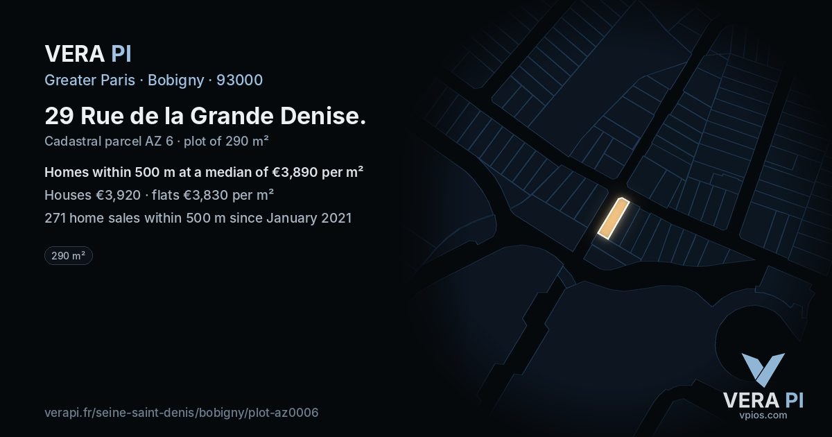 29 Rue de la Grande Denise, Bobigny at night – the plot lit, the parcels around coloured by the prices near them