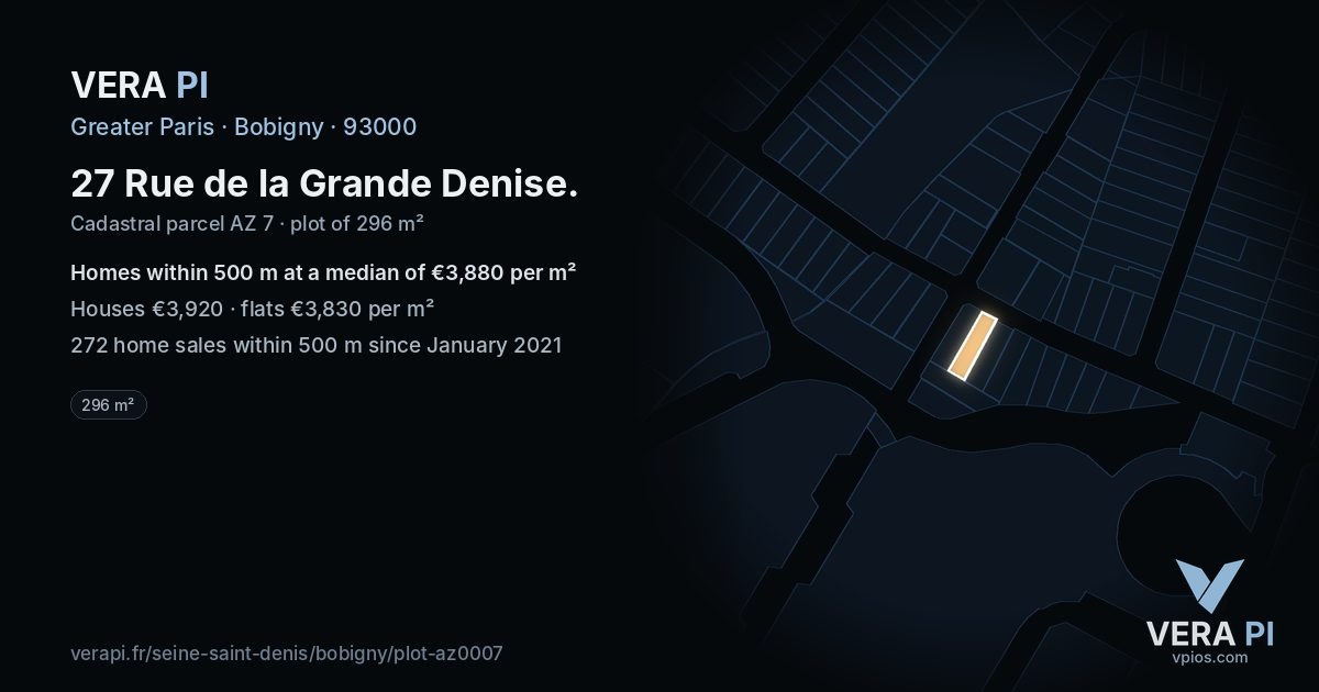 27 Rue de la Grande Denise, Bobigny at night – the plot lit, the parcels around coloured by the prices near them
