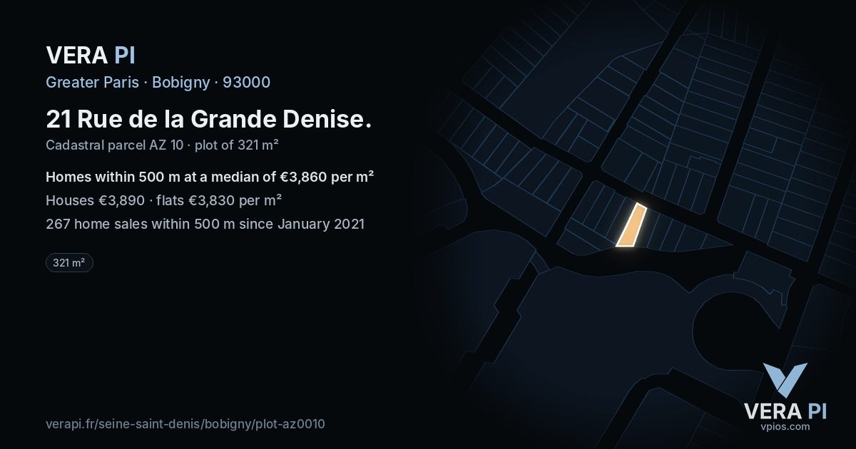 21 Rue de la Grande Denise, Bobigny at night – the plot lit, the parcels around coloured by the prices near them