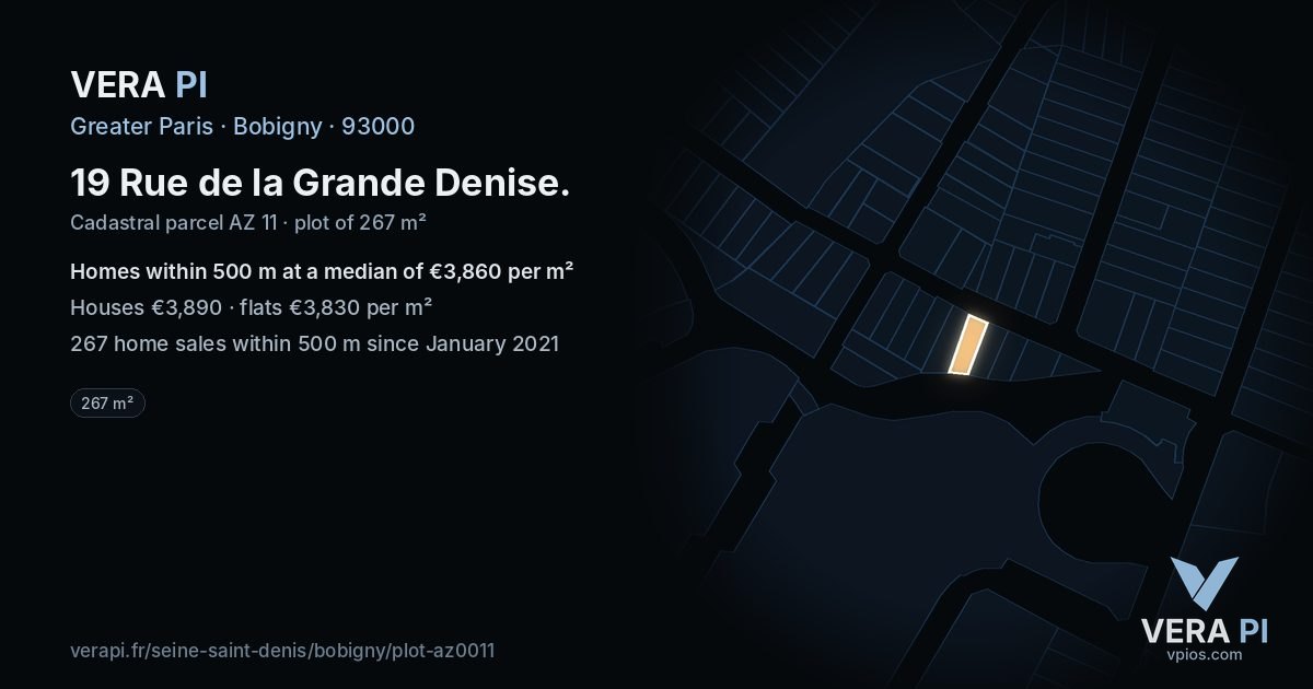 19 Rue de la Grande Denise, Bobigny at night – the plot lit, the parcels around coloured by the prices near them